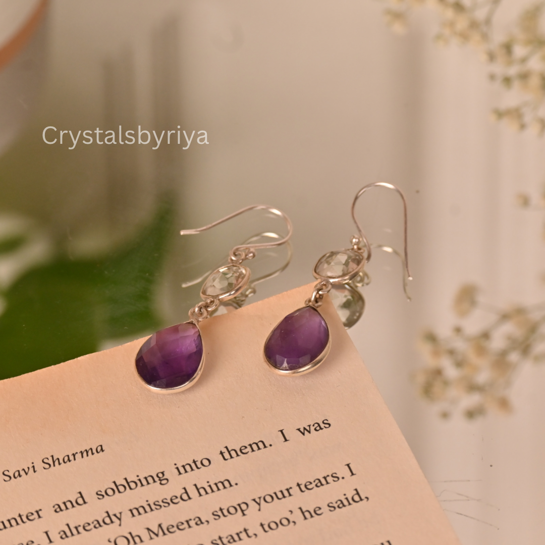 Clear and Amethyst silver earrings